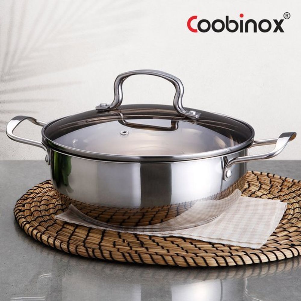 Coobinox® Daily Stainless Steel Shallow Hot Pot 27cm(CO-15-04) 3-Ply Capsule Base Induction Compatible with Brown Glass Lid